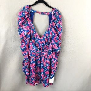 For Love & Lemons Dress womens small blue pink Annie mini ruched sleeves new